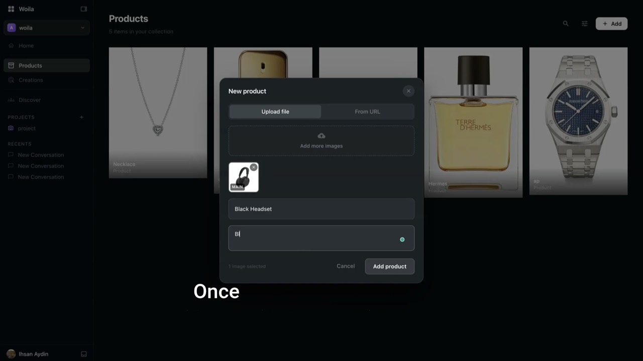 Screenshot from the Woila demo: Build a reusable product library.