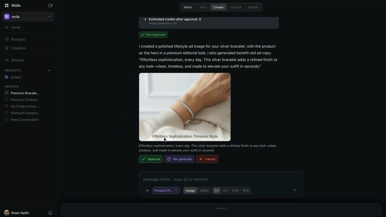 Screenshot from the Woila demo: Turn a product into a finished ad.