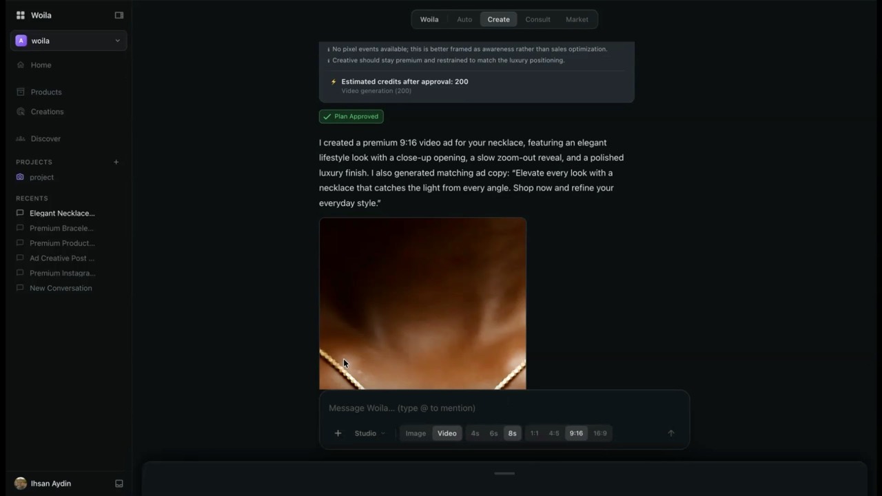 Screenshot from the Woila demo: Make video ads, no production team.