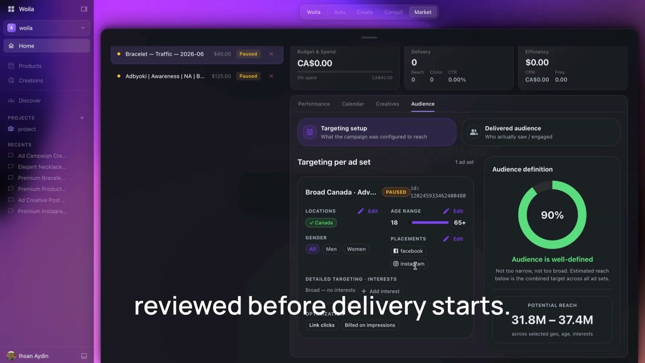 Screenshot from the Woila demo: Build ad sets without guesswork.